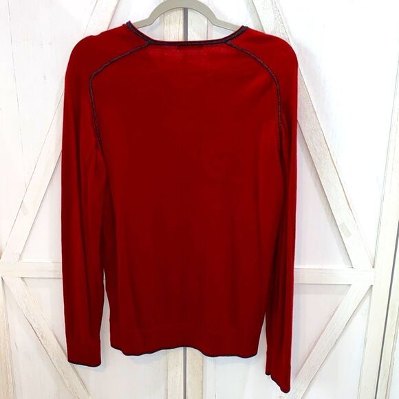 Codice 100% Merino Extra-fine Wool V-Neck Pullover In Red With Gray Trim - Picture 6 of 11